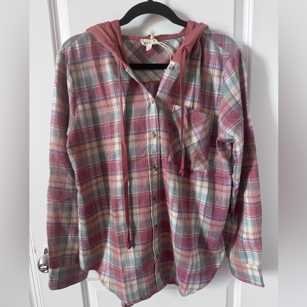 Hem & Thread Plaid Hooded Top in Pink and Blue Size Small